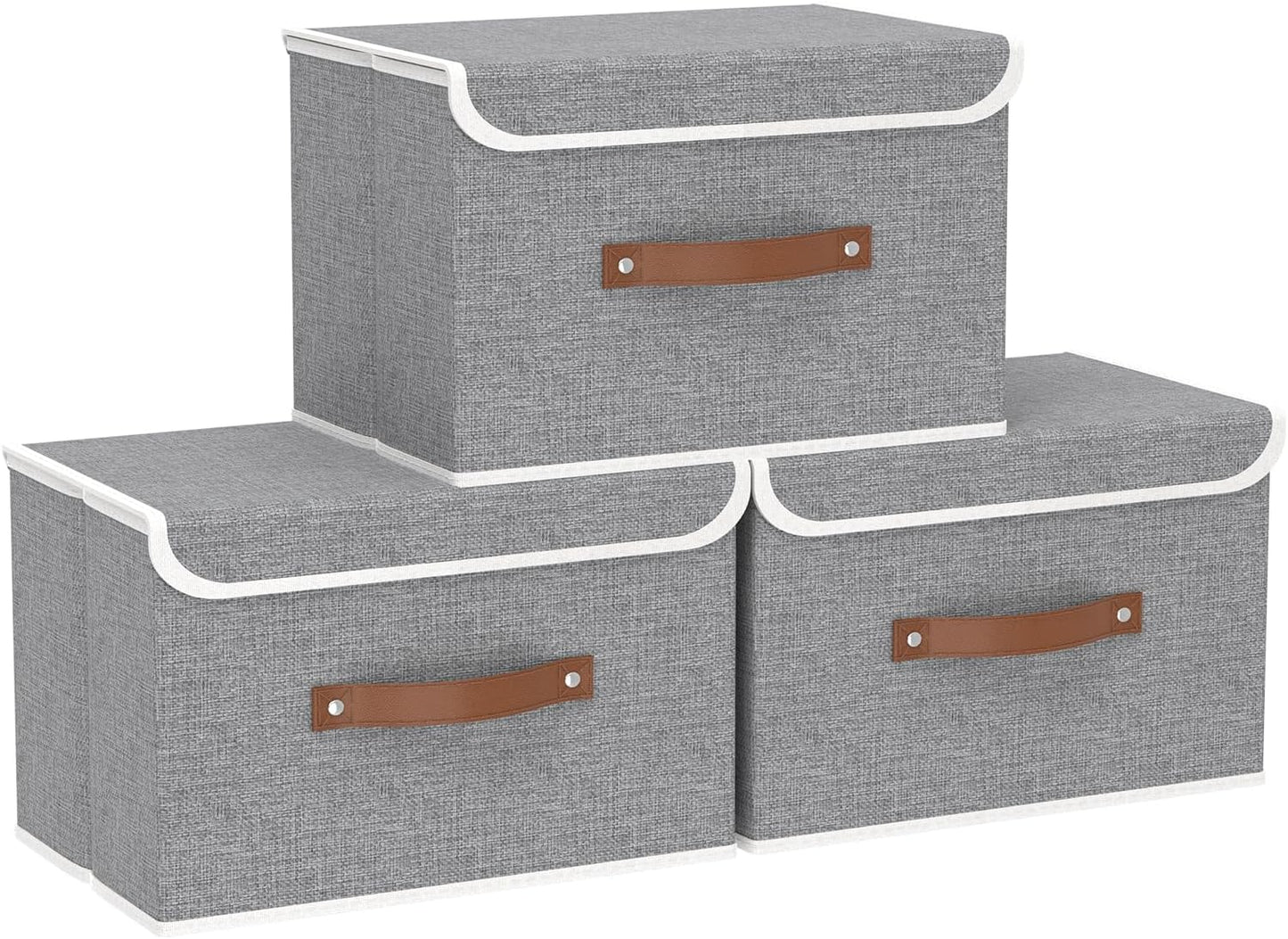 Yawinhe Collapsible Storage Bin, Cube Organizer Basket, Fabric Box with Lids, Washable and Leather Handle, for Home, Closet, Grey, 15.0''Lx9.8''Wx9.8''H, 3-Pack, USNK024GL-3