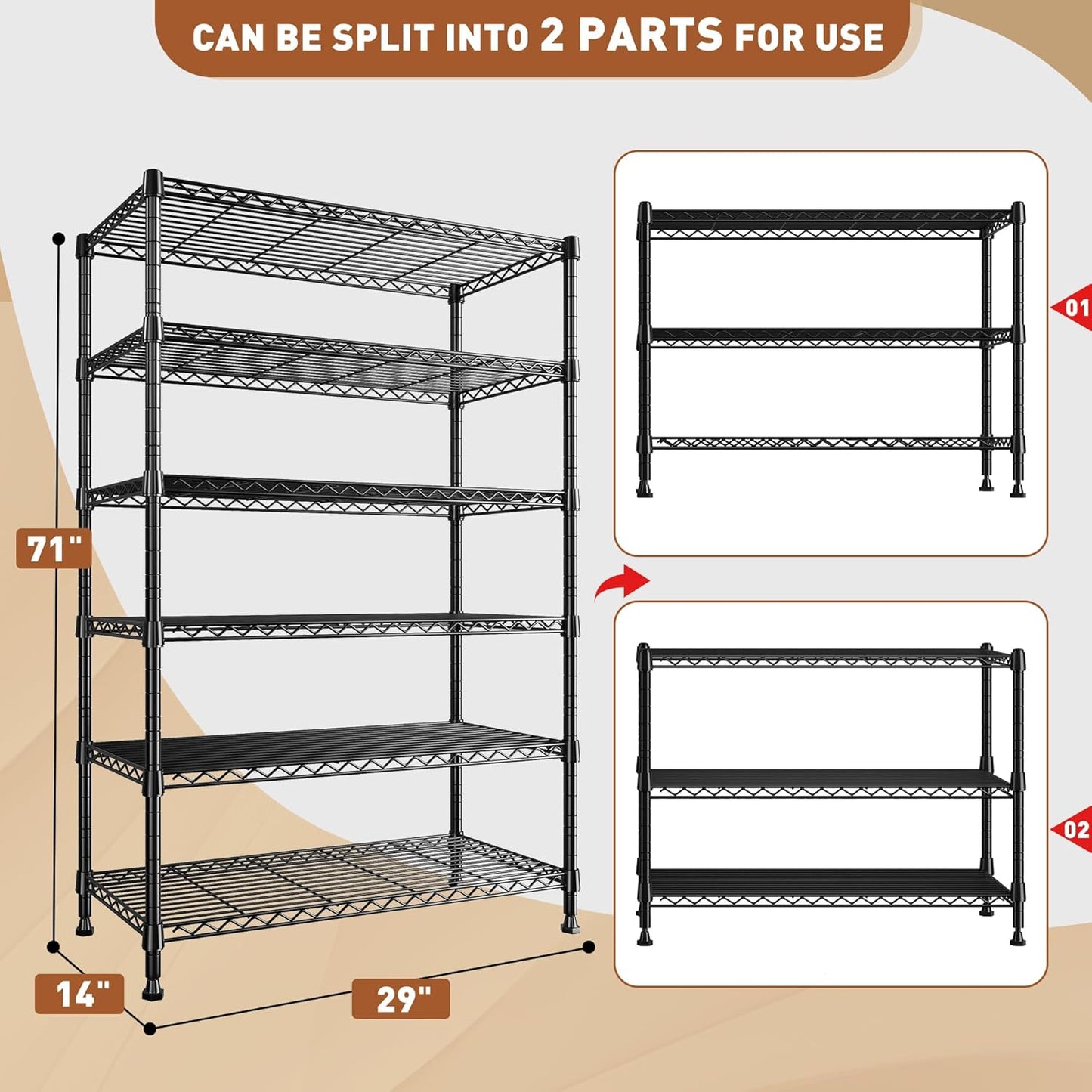 REIBII 71" H Metal Shelves 6 Tier Storage Shelves 1200LBS Adjustable Shelving Units and Wire Shelving Unit Storage Rack Shelf Metal Shelving, 71" H x 29" W x 14" D