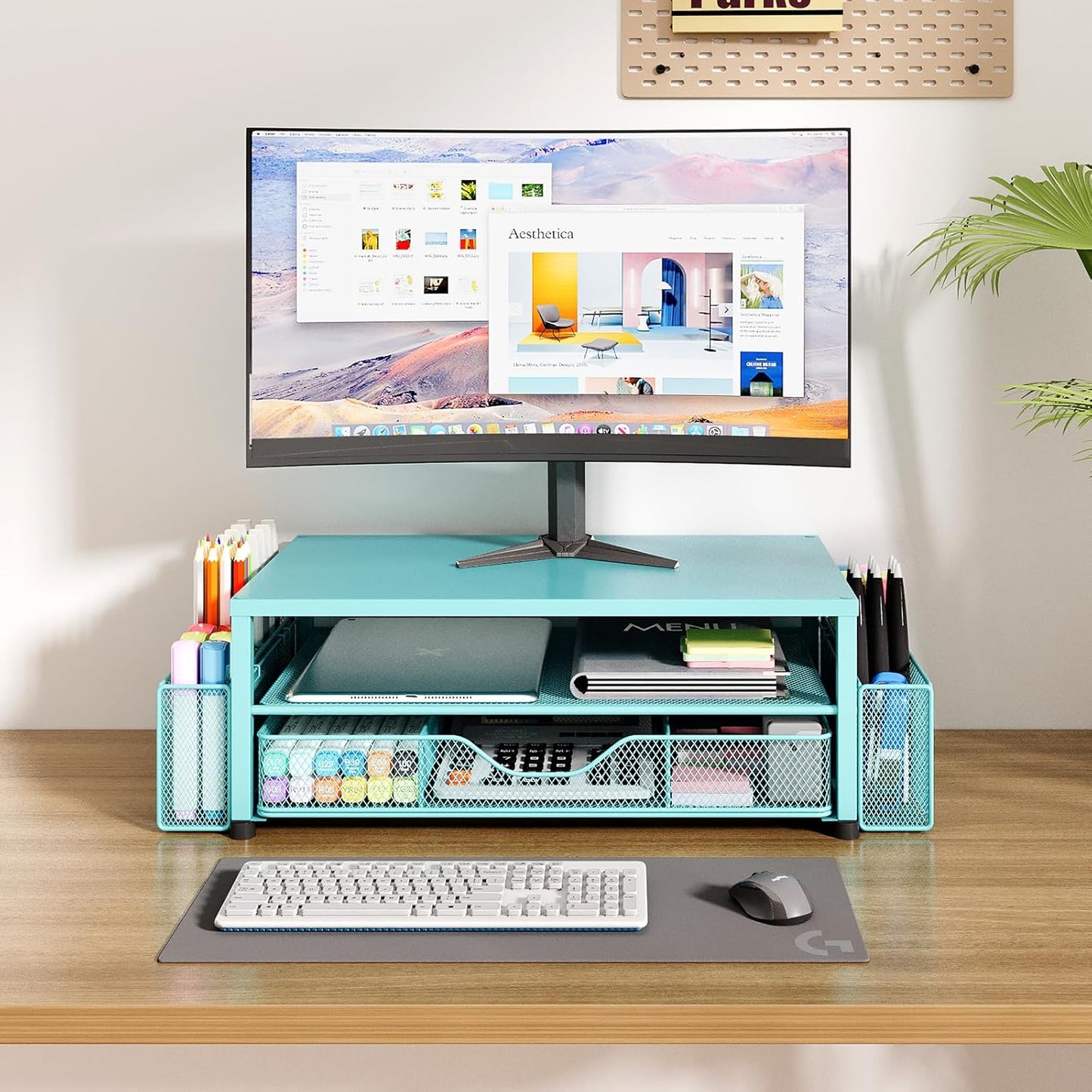 Desk Organizers and Accessories, 2-Tier Computer Monitor Stand Riser with Drawer and 2 Pen Holders, Laptop Stand, Office Desk Accessories for Office Supplies, Teal Blue