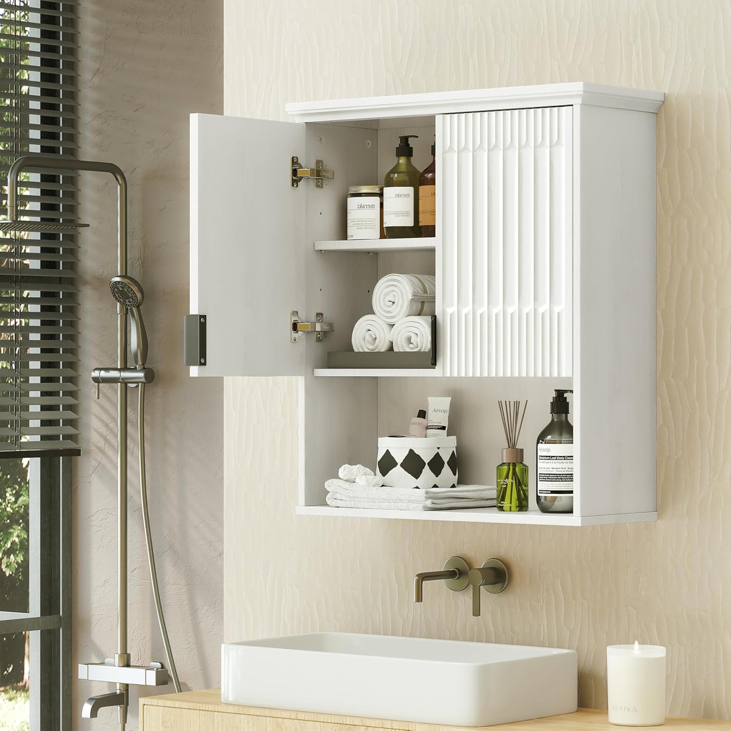 FLOWBACK Wall Mount Bathroom Cabinet, Wooden Medicine Cabinet Storage Organizer with Fluted Doors and Adjustable Shelf, Over The Toilet Space Saver Storage Cabinet (White)