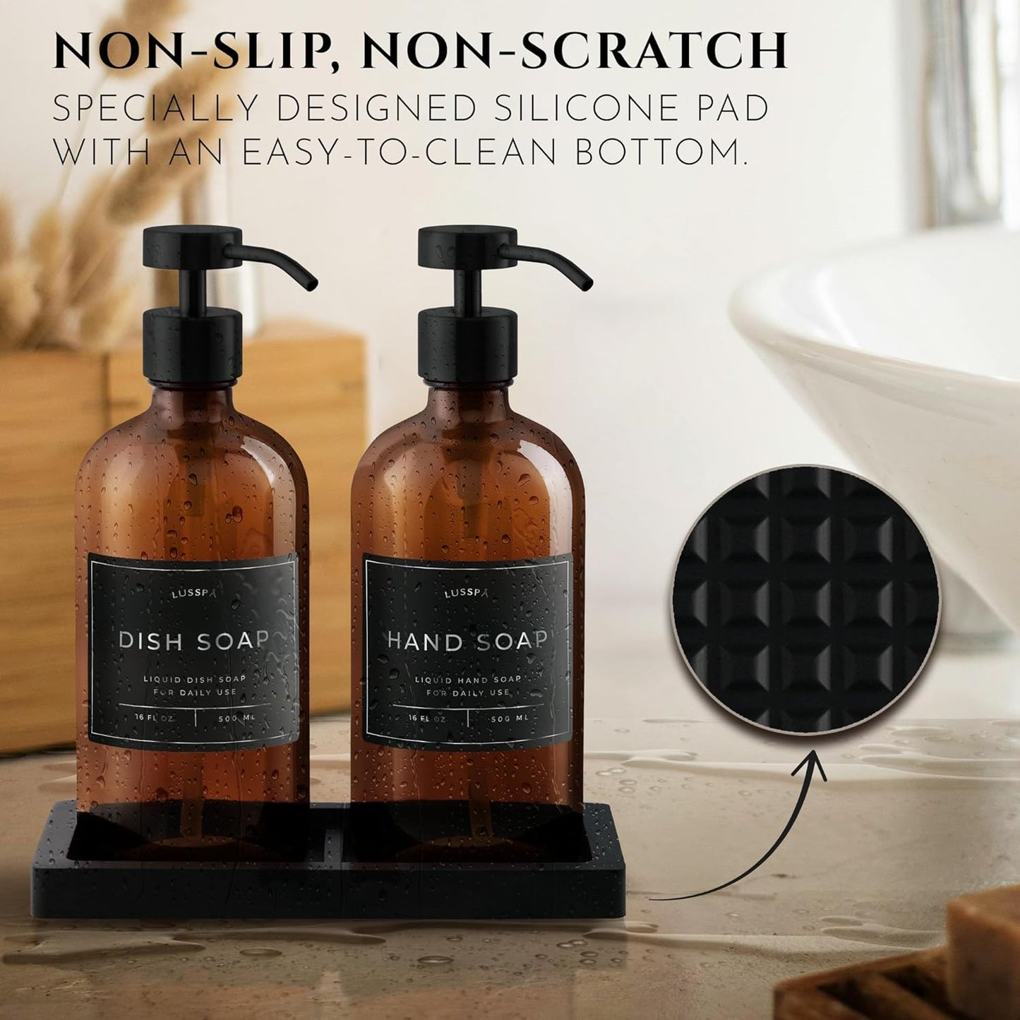 Lotion, Hand & Dish Soap Dispenser for Kitchen Sink - Bathroom Soap Dispenser Set of 2 16.8 Oz Glass Bottles with Stainless Steel Pump, 15 Water Proof Labels & Silicon Tray (Amber/Black)