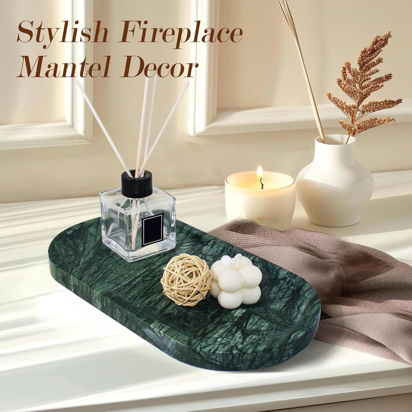 100% Real Natural Marble Tray for Bathroom, Luxury Indian Green Stone Vanity Tray, Decorative Oval Trays for Countertop Storage Organizer, Dresser, Kitchen, Home Decor, 11.8" x 6", Green