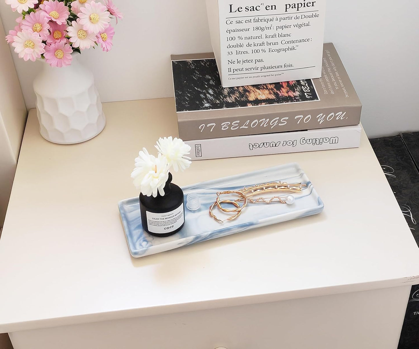 9.2" Porcelain Small Bathroom Tray, Ceramic Countertop and Vanity Tray for Cosmetics, Perfume, Jewelry, Candle - Soap Tray for Kitchen Counter (Blue)