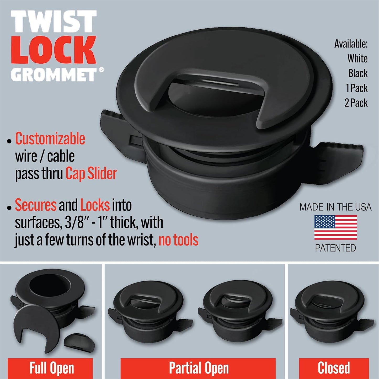1PK Black Patented: Only Cable, Wire, Cord Management Tool-Free Self-Securing/Locking Grommet and with Cap Slider, for Walls, Ceilings, Desks - Used for All Surfaces 3/8" to 1" Thick. Made in USA