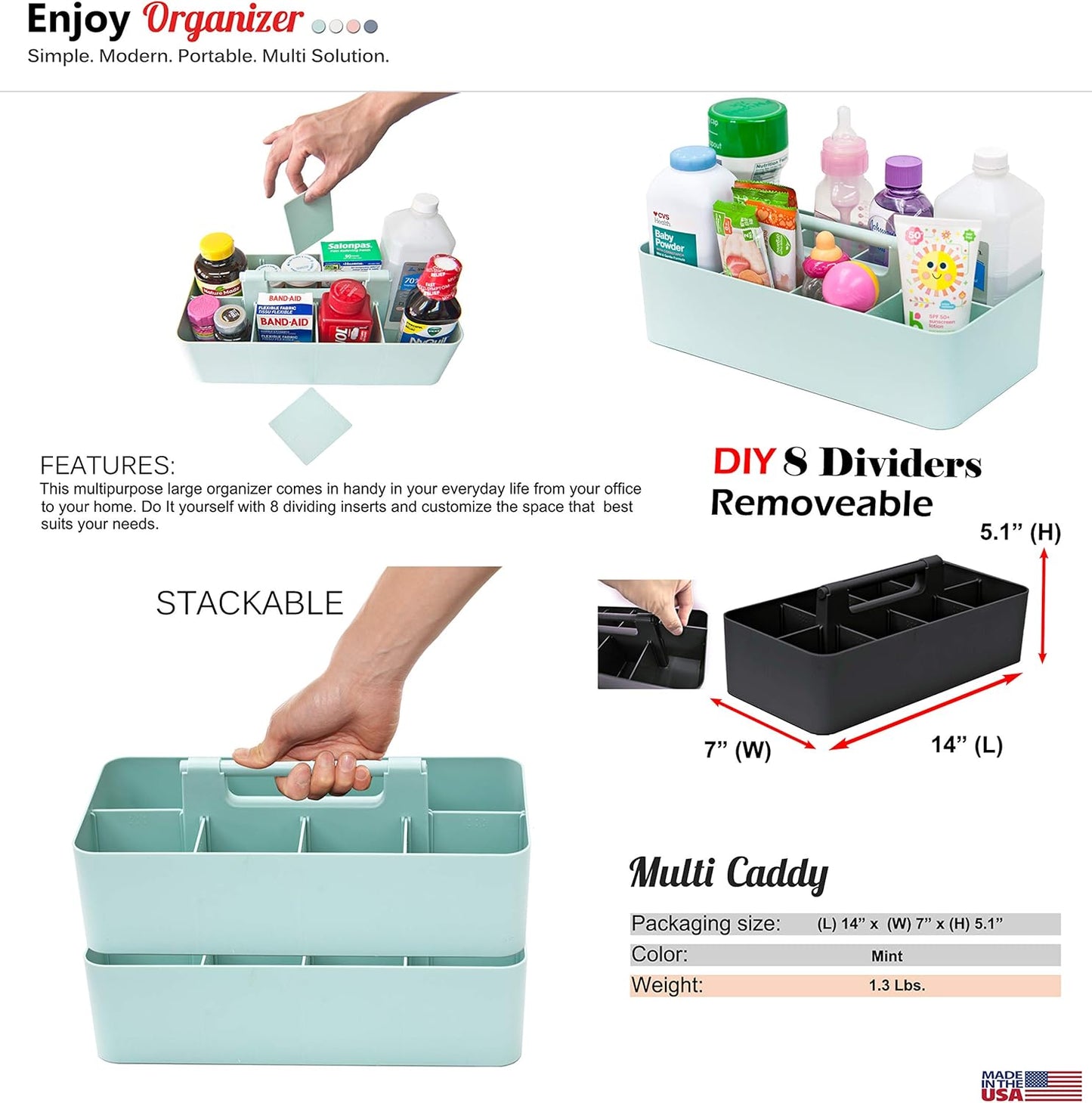 Portable Caddy Organizer -2 Stackable Plastic Caddy with Handle | Desk, Makeup, Dorm Caddy, Classroom Art Organizers (Made In Usa) (Black/Mint)