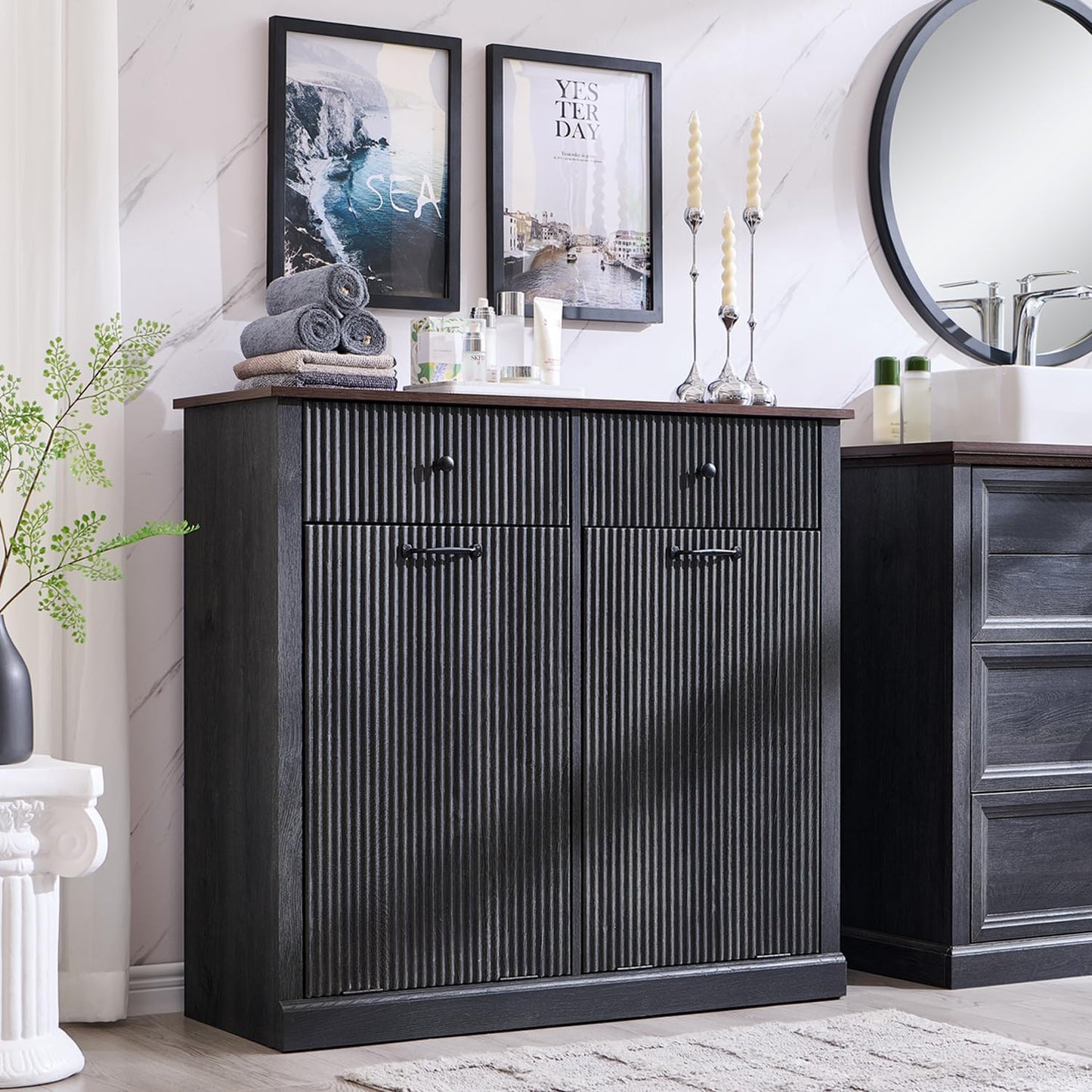 Modern Double Tilt-Out Laundry Hamper Cabinet, 20 Gallon Fluted Trash Can Cabinet w/2 Drawers, Wooden Hidden Garbage Can Cabinets w/Laundry Basket, Free Standing for Bathroom and Kitchen, Grey