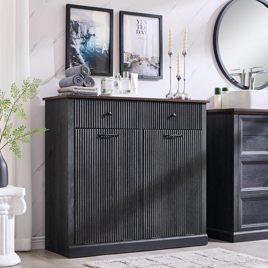 Modern Double Tilt-Out Laundry Hamper Cabinet, 20 Gallon Fluted Trash Can Cabinet w/2 Drawers, Wooden Hidden Garbage Can Cabinets w/Laundry Basket, Free Standing for Bathroom and Kitchen, Grey