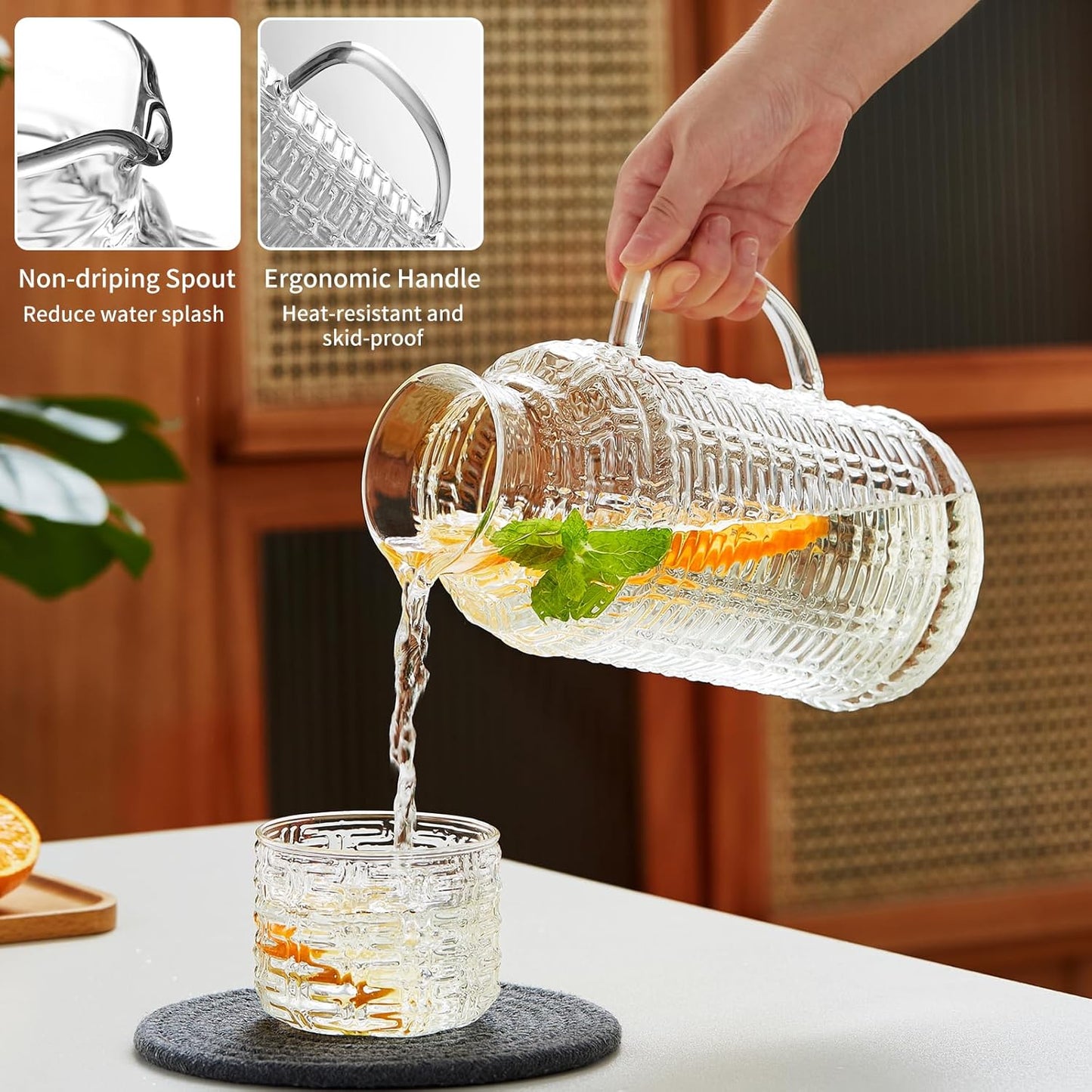 68OZ Glass Pitcher with Lid and Spout, Water Jug, 2000ml Carafe for Hot/Cold Water, Large Iced Tea Pitcher for Coffee, Juice and Homemade Beverage (Textured)