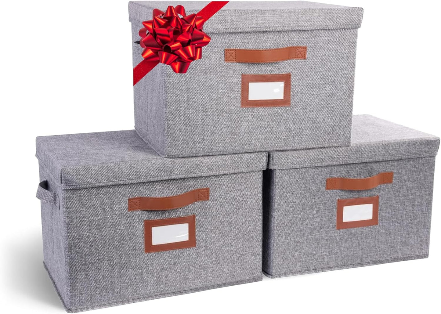 3 Pack Large Fabric Storage Box with Lid - Decorative Bin with Lid, Label Holder, Faux Handles - Large Decorative Storage Boxes with Lids for Organizing Clothes, Blankets - Steel Gray