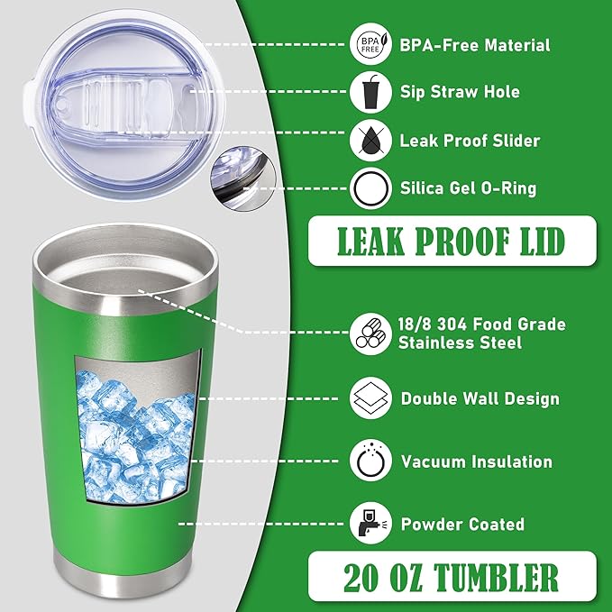 20 oz Tumbler Coffee Travel Tumblers Bulk with Lid Stainless Steel Double Wall Vacuum Insulated Mug Powder Coated Cups fit Car Cupholder for Hot and Cold - Green, 8Pack