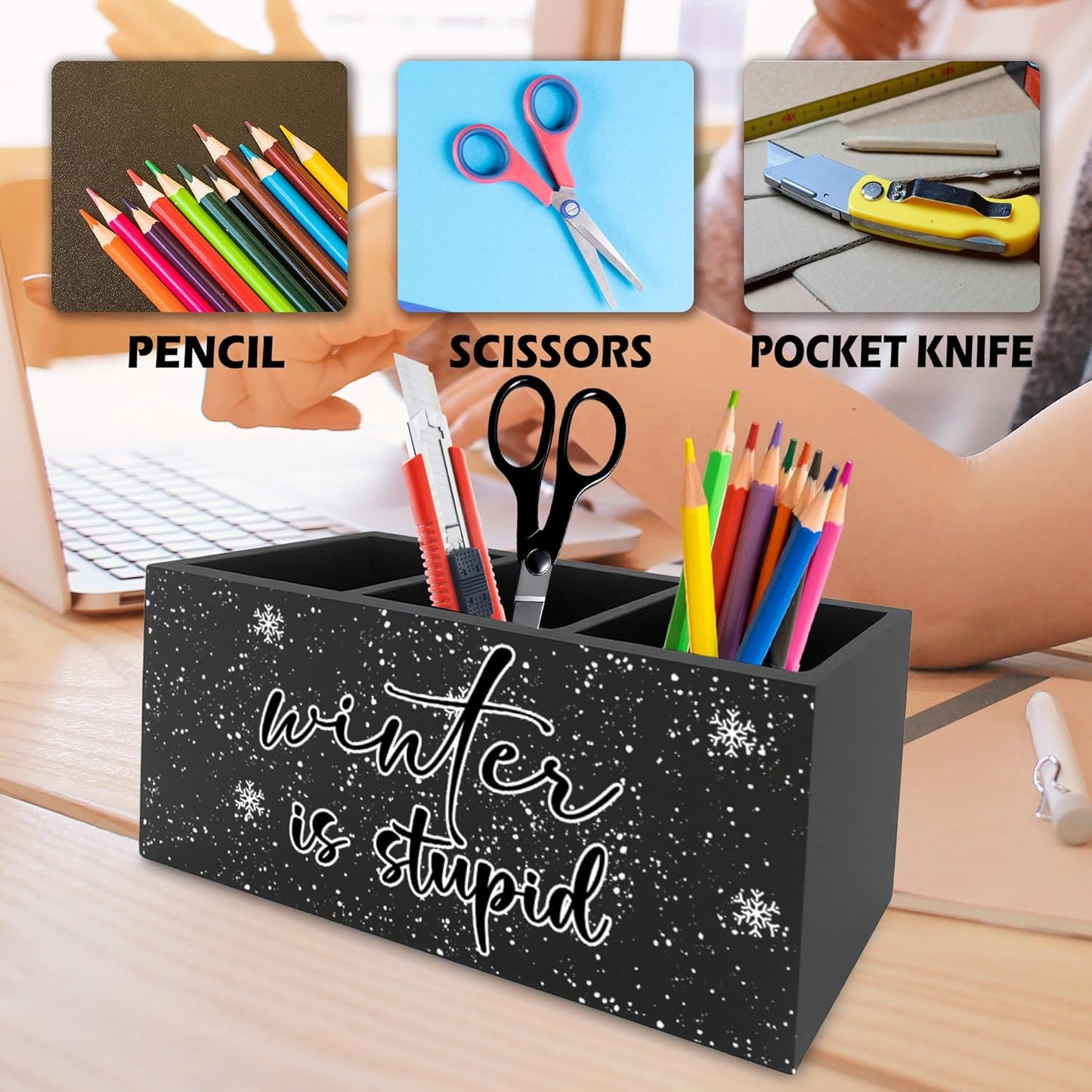 Funny Black Christmas Pen Pencil Holder Organizer for Desk, Winter Is Stupid Winter Snowy Xmas Snowflake Wooden Box Signs Decorations for Home Office Desk Tabletop