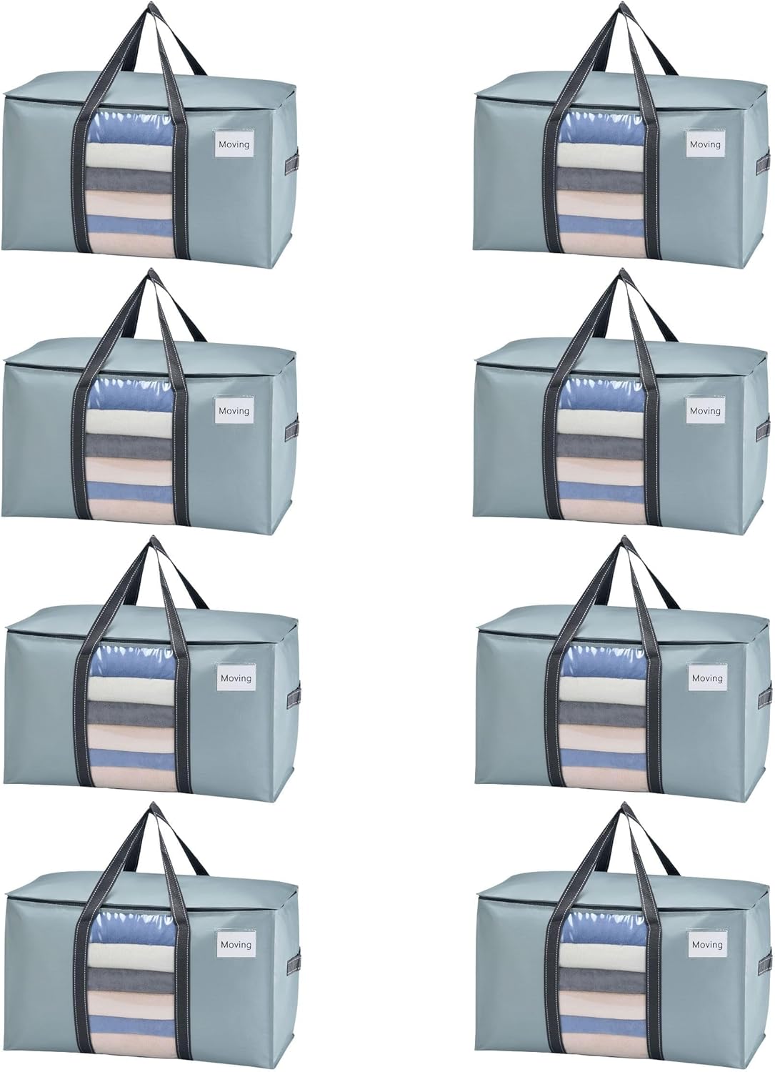VENO 8 Pack Moving Bags, Moving Supplies, Moving Boxes, College Packing Storage Boxes with Lids Alternative, Heavy Duty Totes, Extra Large, Sturdy Handles, Zipper (Light Blue with Window, 8 Pack)