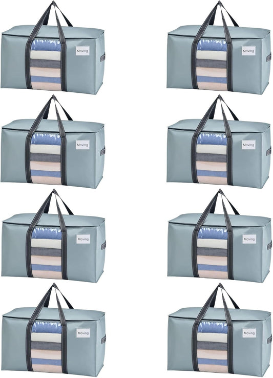VENO 8 Pack Moving Bags, Moving Supplies, Moving Boxes, College Packing Storage Boxes with Lids Alternative, Heavy Duty Totes, Extra Large, Sturdy Handles, Zipper (Light Blue with Window, 8 Pack)