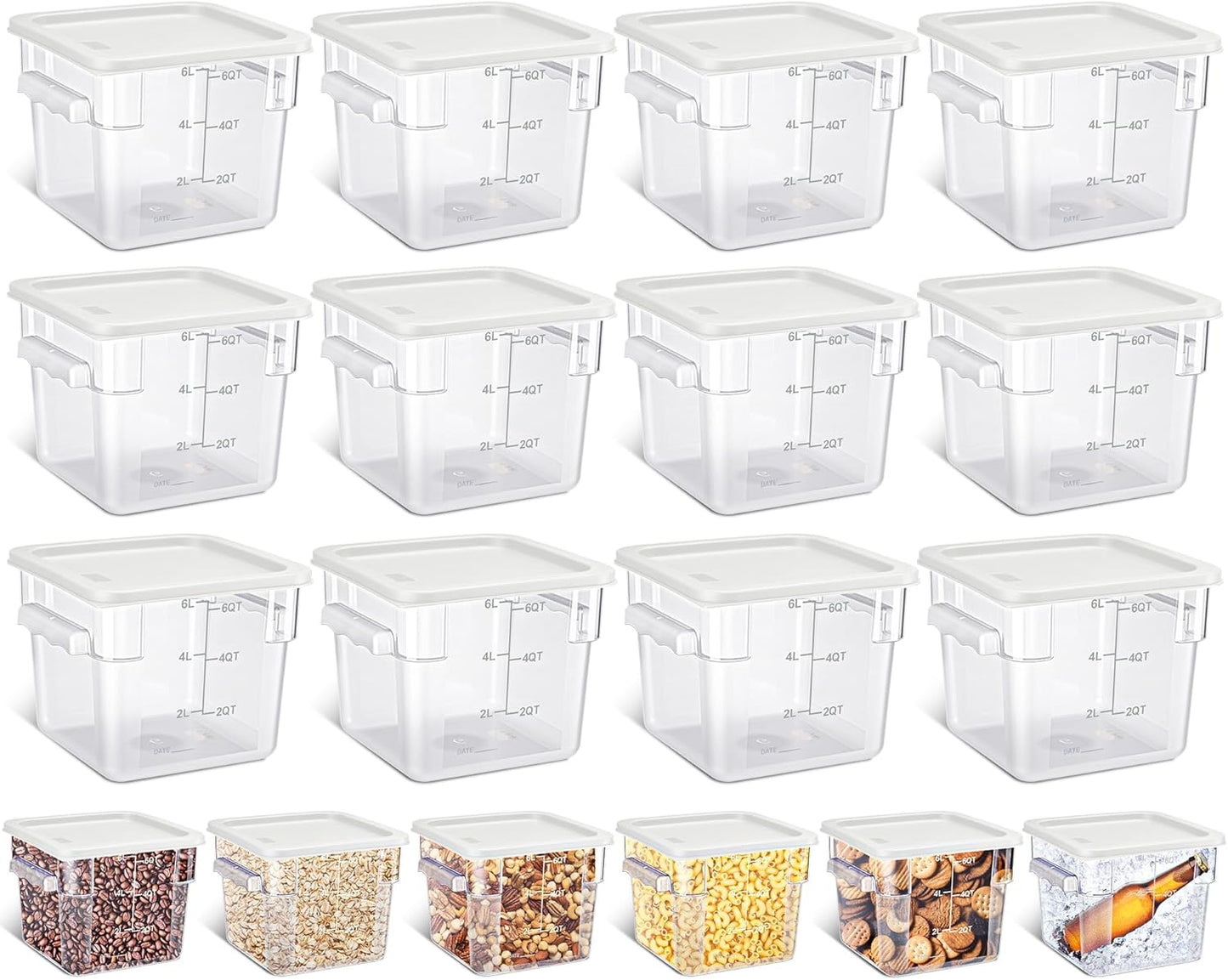 Yungyan 12 Pcs 6 Qt Commercial Food Storage Containers with white Lids Restaurant Square Airtight Food Storage Containers Clear Cereal Container for Kitchen Freezer Dishwasher Pantry