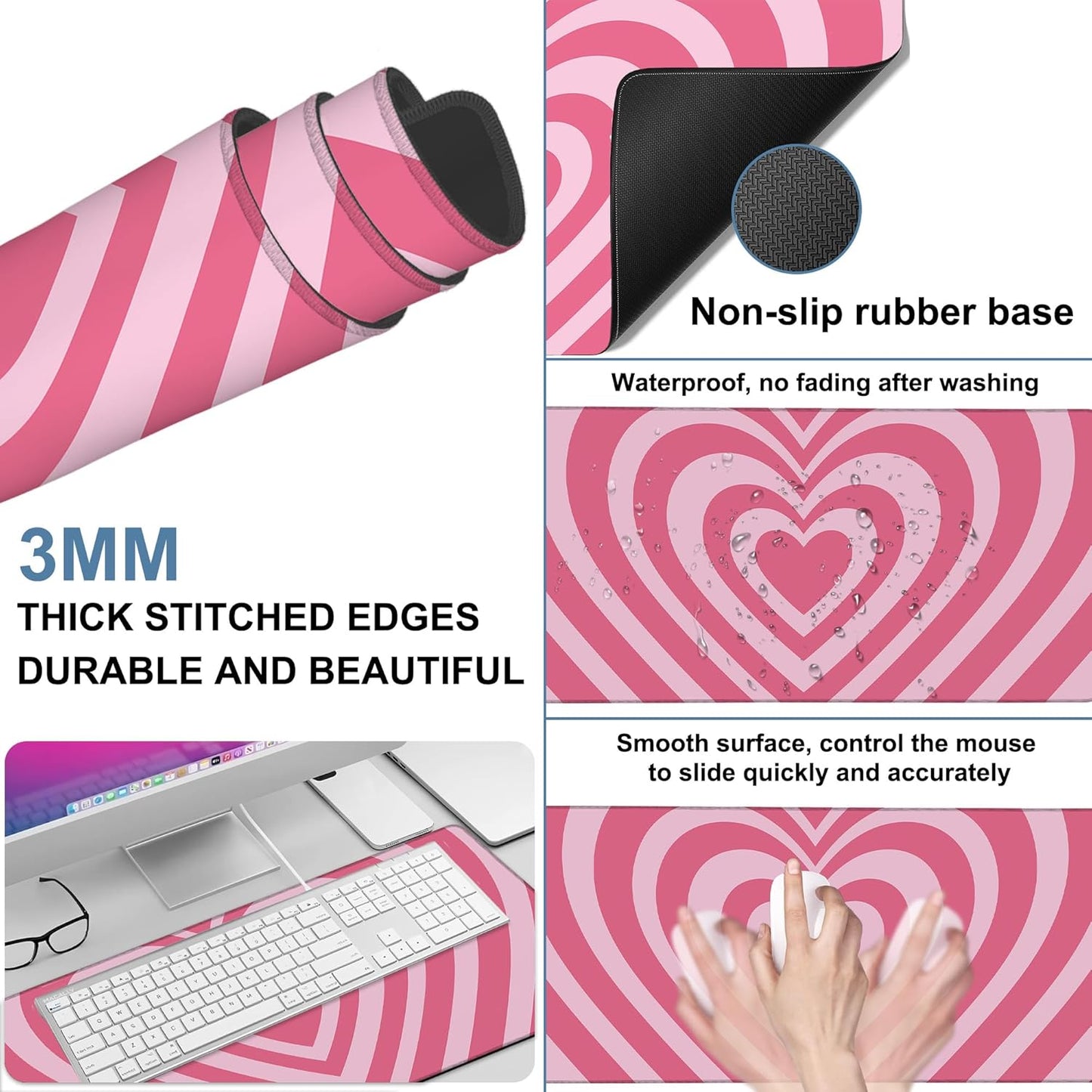 Gaming Desk Pad Large Extra Length Retro Style Hearts Mouse Pad Keyboard Laptop Non-Slip Waterproof with Rubber Base Thick Stitched Edge Mouse Mat for Office Home 35.4 x 15.7 Inches