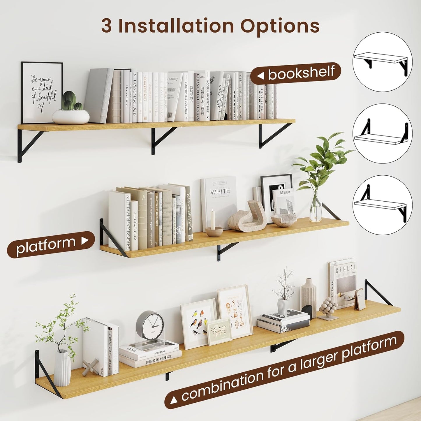 Axeman Deep Floating Shelves for Wall - 55 Inch Wide x 10 Inch Deep Oak Floating Shelves Set of 2 - Wide Wall Shelves for Living Room Bathroom Bedroom