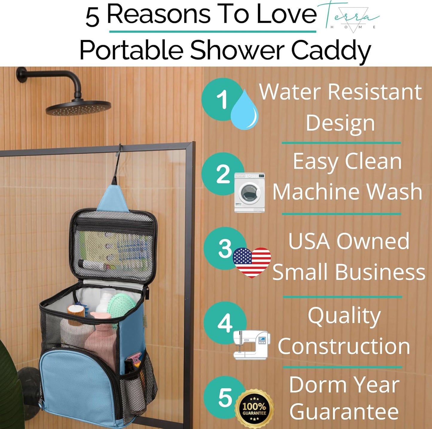 College Dorm Room Essentials for Girls - Shower Caddy Dorm - Original, Portable, Durable, Roomy, Foldable Water Resistant Shower Bag in Light Pink with Metal Hook for Hanging (Light Blue)