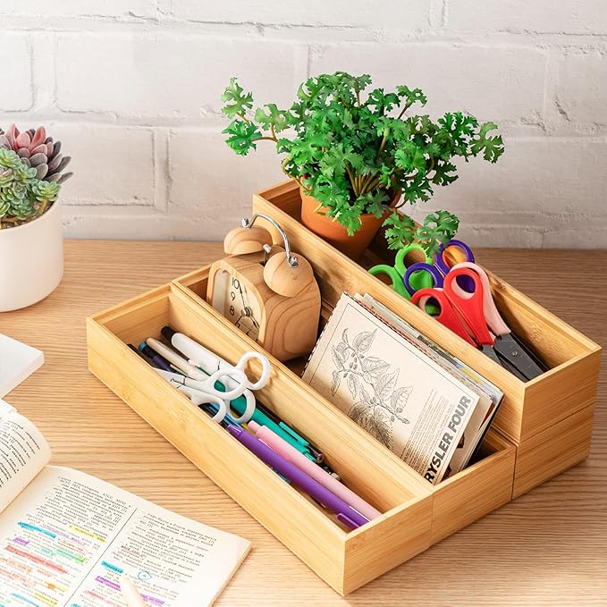 Kigley 8 Pieces Bamboo Drawer Organizer Kitchen Utensils Wooden Utensil Stackable Wooden Storage Box Bamboo Silverware Tray for Drawer(12 x 3 x 2 Inch,Wood)