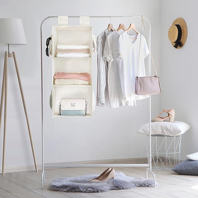 MAX Houser 3-Shelf Hanging Closet Organizer, Hanging Sweater Organizer, Foldable Hanging Shelves for Closet with 2 Velcro, Beige