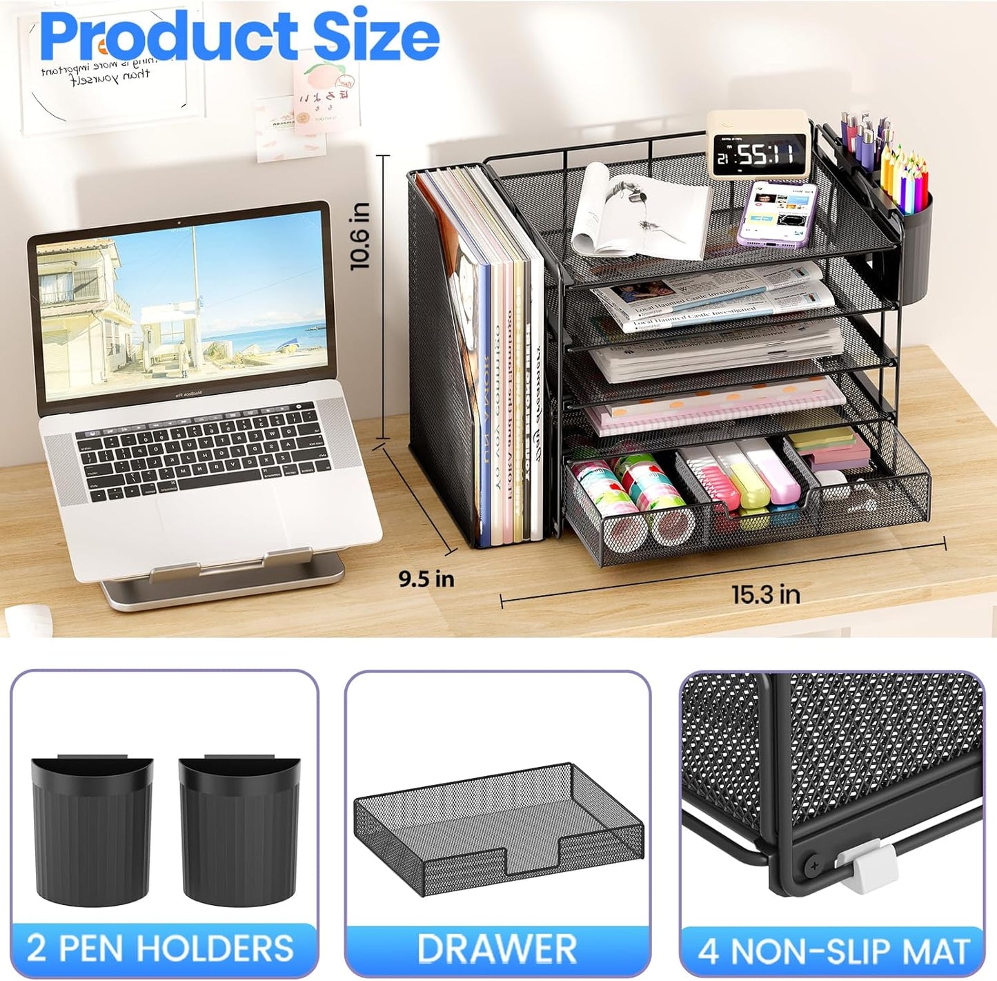 Desk Organizers and Accessories with File Holder, 5-Tier Office Desk Accessories & Workspace Desktop Organizer with Drawer and 2 Pen Holder, File Paper Organizer for Office Supplies(Black)