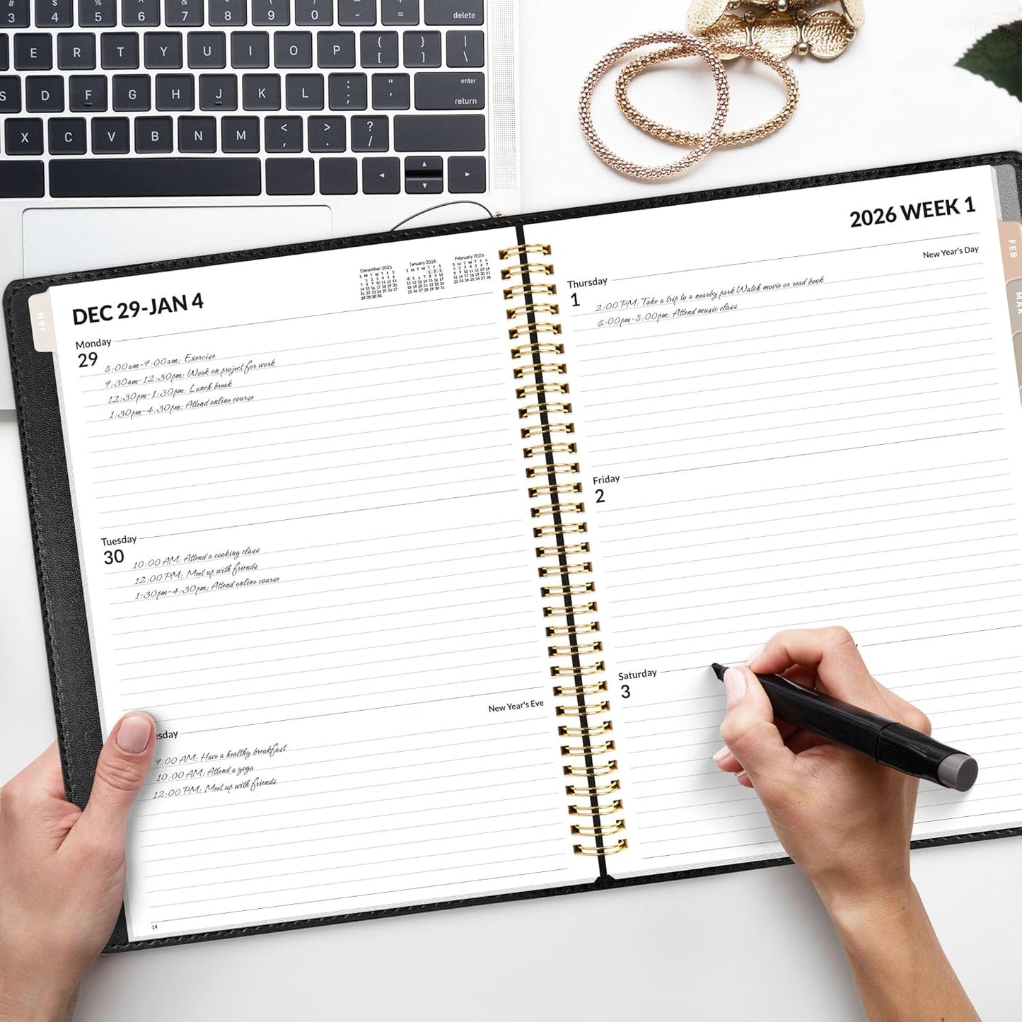 SUNEE 2026 Weekly & Monthly Planner 9"x11.2"- 12 Month (January 2026 - December 2026), Vegan Leather Cover, Pocket, Bookmark, Notes, Monthly Tab, Black