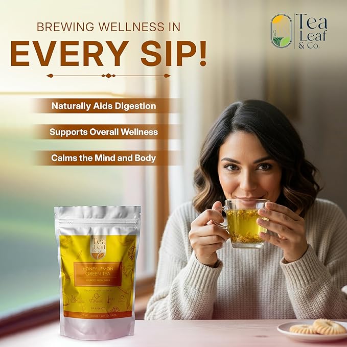 Tealeaf & Co. Honey Lemon Green Tea with Lemon & Honey Extract, Lemongrass, Licorice & Chamomile - Organic Green Tea Bags with Fresh Herbs and Spices - 100 Teabags (7.055oz/200gm)