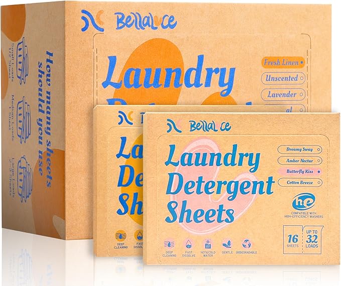 BellaLuce Laundry Detergent Sheets: 1 Home Size (240 Loads, Fresh Linen) & 2 Travel Size (32 Loads, Fresh Linen & Butterfly Kiss) | Portable for College, Dorm, Hotel, Family