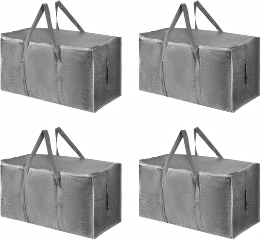 4 Pack-Extra Large Heavy Duty Moving Bags - Waterproof Storage Totes with Handles & Zippers, Foldable for College Dorm, Storage (Gray)