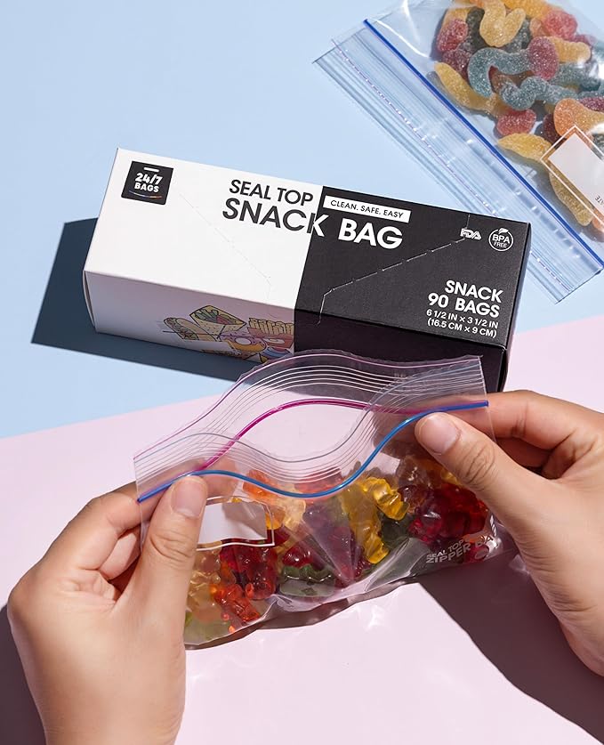 24/7 Bags- Snack Zip Storage Bags, 180 Count, Single Zipper Seal, Easy Grip Open Tabs, Write-On Space, BPA-Free & Heavy Duty, Microwave Safe, Non-StandUp