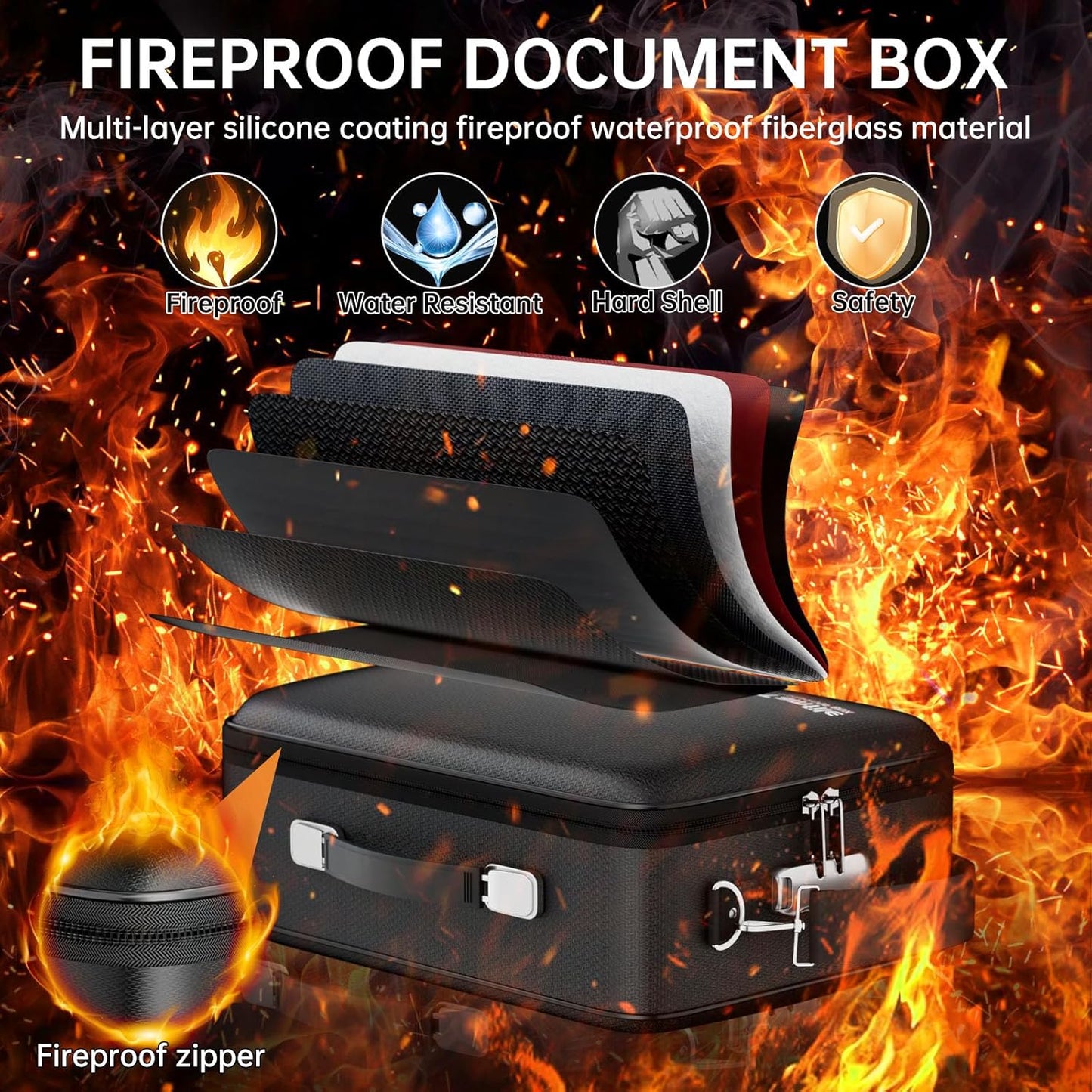 Tamfile Fireproof Document Box, Hard-Shell Design Case 5200°F Fireproof Water Safe File Box with Lock,8-Layer Fireproof Safe File Organizer for Important Documents、Valuables、Laptop、Passports (Black)