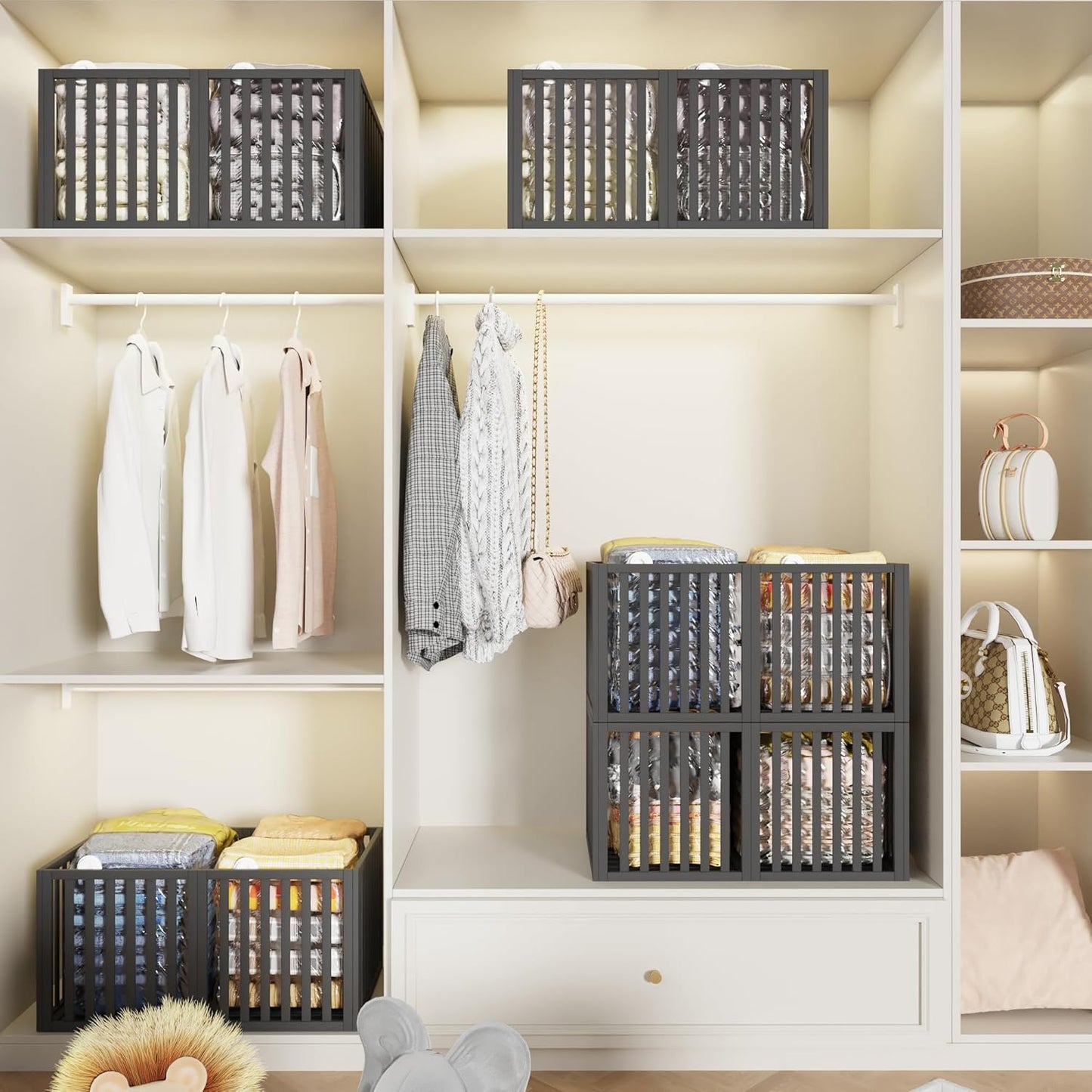 90 L Large Storage Bins, 2 Pack Clothes Storage Bins Foldable Closet Organizers Storage Containers for Clothing, Blanket, Comforters, Bed Sheets, Pillows and Toys(Black Tall (25"×16"x12"))