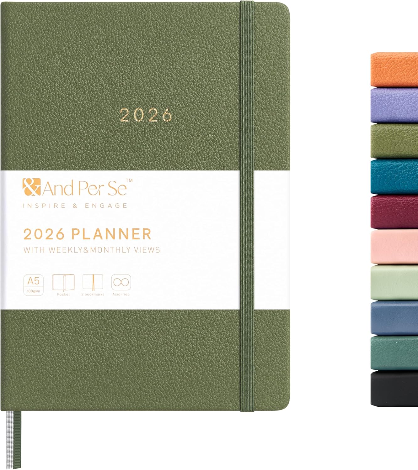 And Per Se 2026 Planner-Daily, Weekly & Monthly Leather Hardcover Planner, 5.7" x 8", Daily Schedule, Monthly Tabs, 100 GSM Thick Paper, Back Pocket(Olive Green)