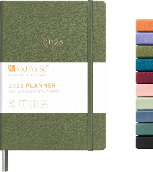 And Per Se 2026 Planner-Daily, Weekly & Monthly Leather Hardcover Planner, 5.7" x 8", Daily Schedule, Monthly Tabs, 100 GSM Thick Paper, Back Pocket(Olive Green)
