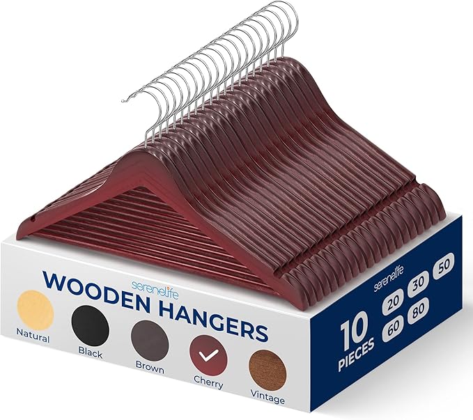SereneLife 10-Pack Wooden Coat Hangers – Durable Suit Hangers with 360° Swivel Hook & Notches – Slim Design for Sweater, Shirts, Jackets, Dresses, and More