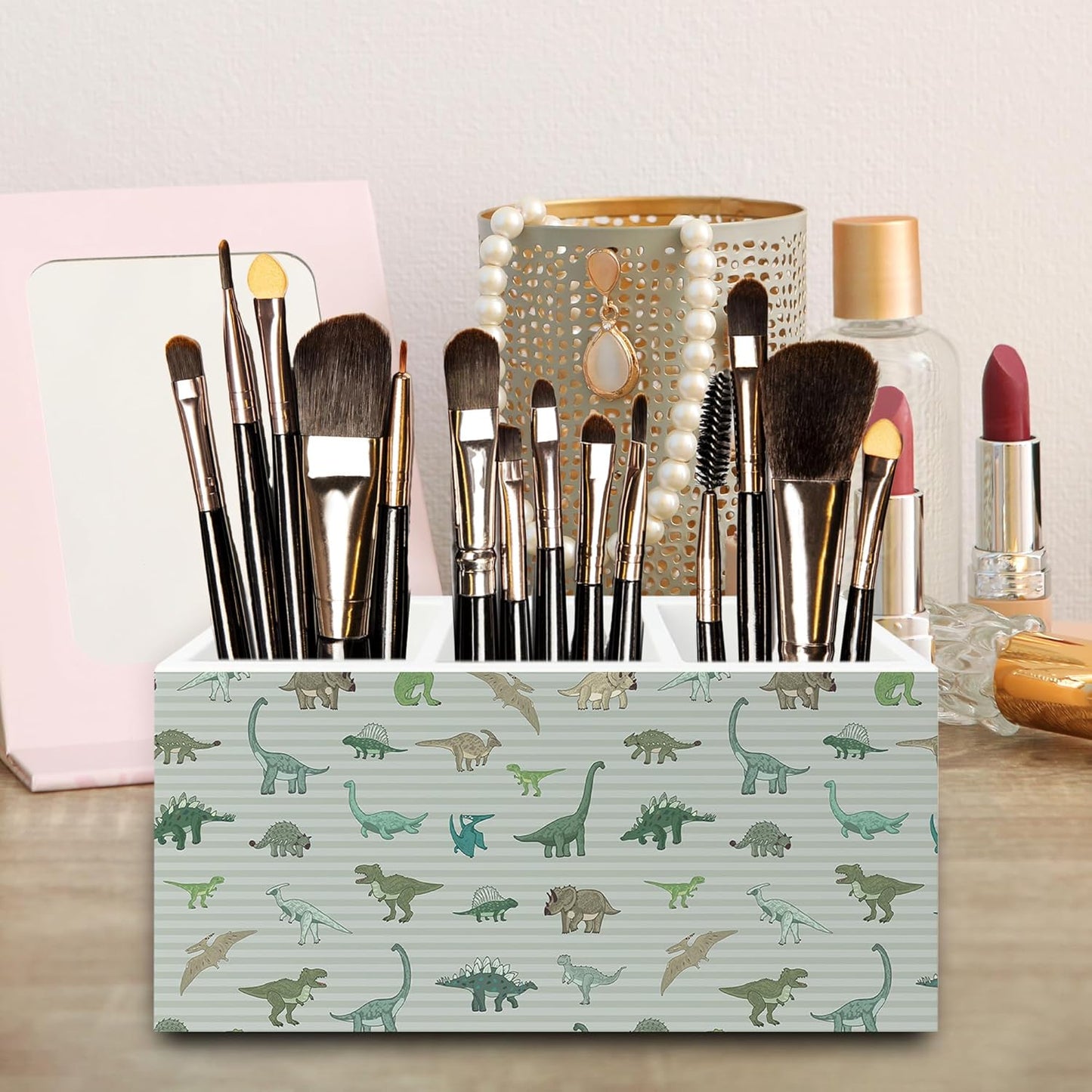 Dinosaur Gifts Pen Pencil Holder Organizer for Desk, Dinosaur Gifts for Boys Kids, Dino Striped Wooden Box Signs Decorations for Home Classroom Kids Boys Room Bedroom Desk Tabletop