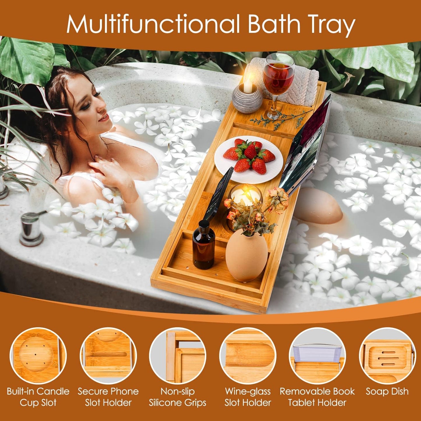 Foldable Bathtub Caddy Tray, Bamboo Bath Tub Tray Table for Tub with Wine Glass Holder Book Phone Tablet Holder with Extending Sides, Adjustable Bathroom Bathtub Free Soap Holder Gift Idea (Beige)