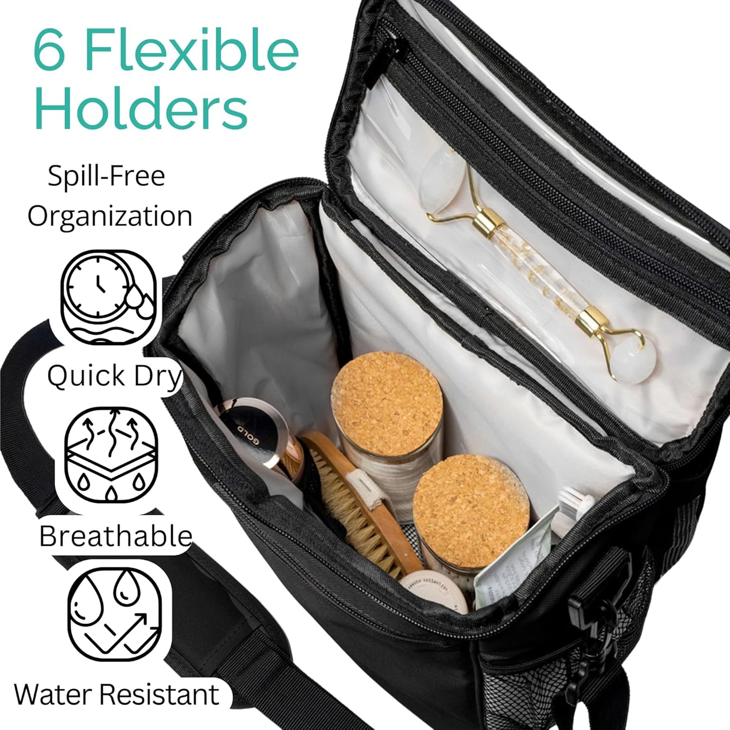 Portable XL Shower Caddy Bag - College Dorm Room Essentials for Men, Women, Students - Foldable, Water Resistant with Hanging Keychain Hook and Shoulder Strap Shower Organizer Bag (Black)