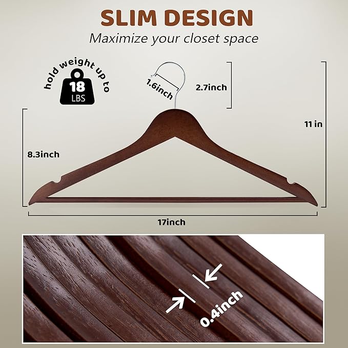 Wooden Hangers 20 Pack, Durable and Slim Hangers Wood with Pants Bar, Smooth Finish Wooden Suit Hanger for Closet, Walnut
