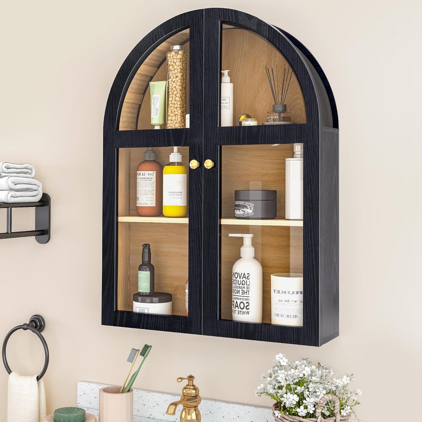 Arched Bathroom Wall Cabinet, Arch Medicine Cabinet Wall Mounted with Acrylic Doors, Wall Over The Toilet Storage Cabinet with Adjustable Shelves for Laundry Room, Kitchen (Black)