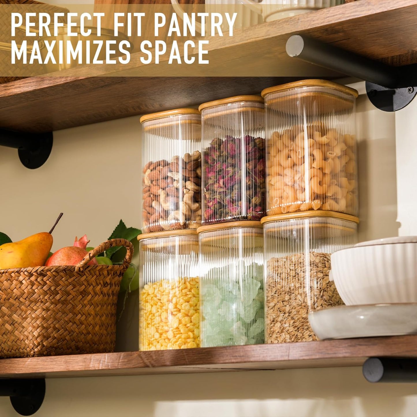 37oz Airtight Glass Square Storage Canisters with Bamboo Lids Set of 4 (1100ml) Striped Stackable Containers, Kitchen Jars for Pantry Noodles, Flour and Coffee beans (‎with Black Lable)