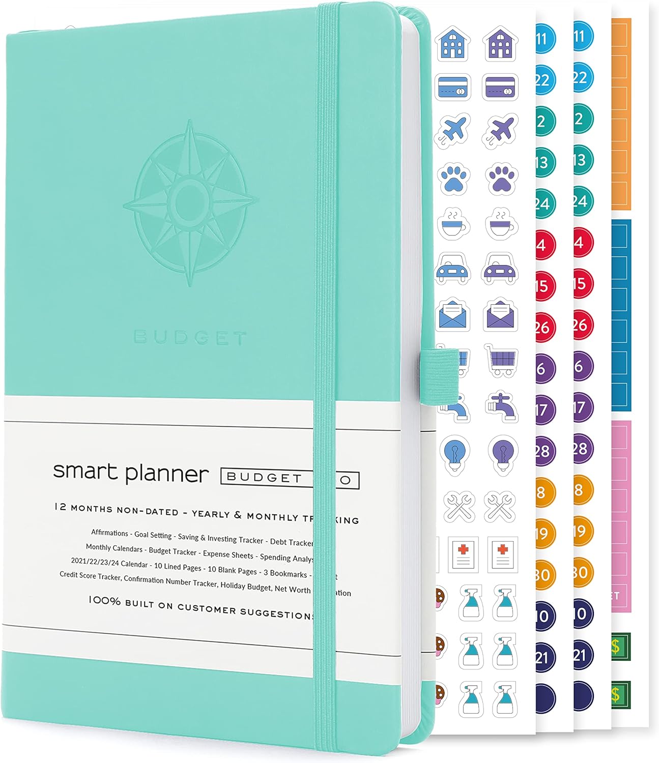 Smart Planner Budget Book – A5 Size 8.6 x 5.7 inches – Undated Budget Planner Organizer with Calendars, Debt Tracker, Expense Sheets, Savings Trackers and More – Inner Pocket for Receipts (Turquoise)