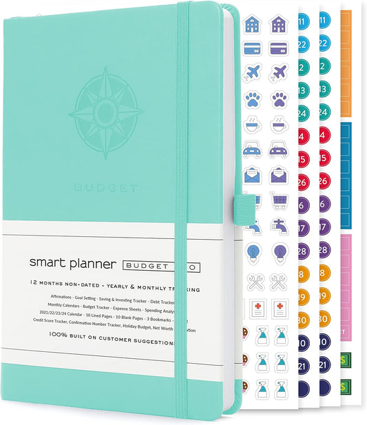 Smart Planner Budget Book – A5 Size 8.6 x 5.7 inches – Undated Budget Planner Organizer with Calendars, Debt Tracker, Expense Sheets, Savings Trackers and More – Inner Pocket for Receipts (Turquoise)