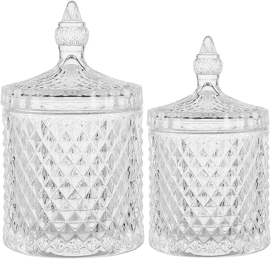 rejomiik Qtip Holder Glass Apothecary Jars with Lid Bathroom Accessories Vanity Organizers and Makeup Storage for Cotton Swabs, Balls, Pads, Floss Picks, Candy, 2 Pack Small and Large Clear
