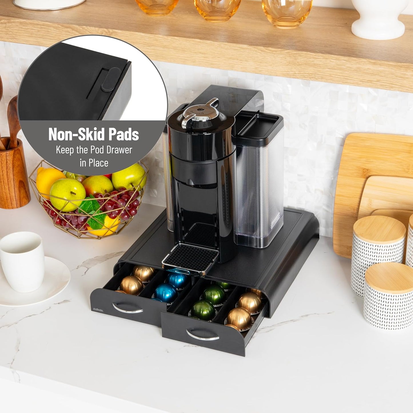 Mind Reader Single Serve Coffee Pod Organizer with 2 Drawers, Compatible with 18 Vertuoline (7.77 fl oz) or 72 Original Nespresso (1.35 fl oz) capsules, Plastic, 13.25"L x 12.75"W x 2.5"H, Black