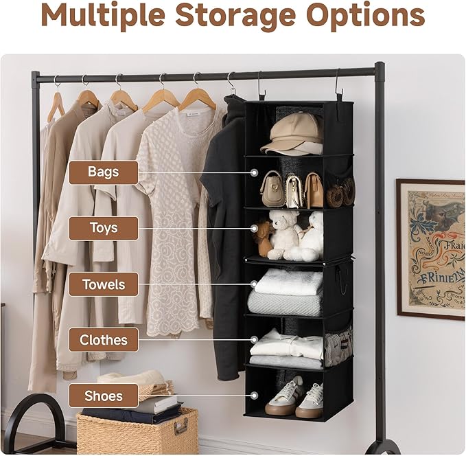 StorageWorks Hanging Closet Organizer 6-Shelf, Separable Two 3 Shelf Closet Storage Organizer with Side Pockets, Portable Hanging Shelves for Clothes, Sweater, Towels, 12" D x 12" W x 48¼"H, Black