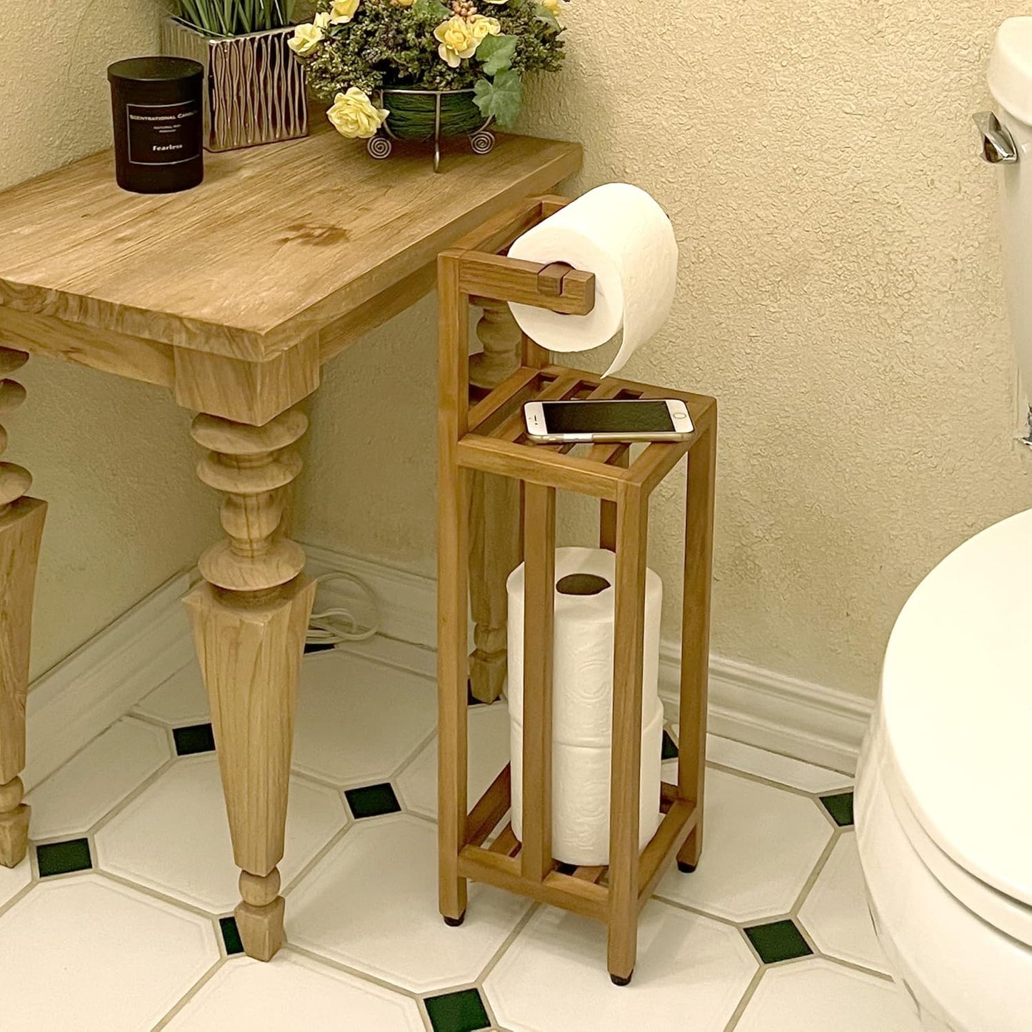 Solid Teak Toilet Paper Holder Stand with Shelf, Freestanding Bathroom Toilet Paper Roll Holder with Reserve, Standing Toilet Paper Holder with Storage, Fully Assembled, SpaTeak Collection, TB-702