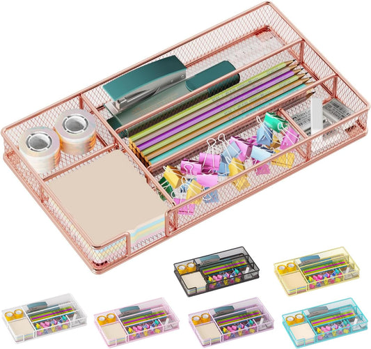 Desk Drawer Organizer Tray, Mesh Desk Organizer, Office Drawer Organizer, Desk Accessories & Workspace Organizers, Suitable for Tools, Pencils, Office Supplies Storage (Rose Gold)