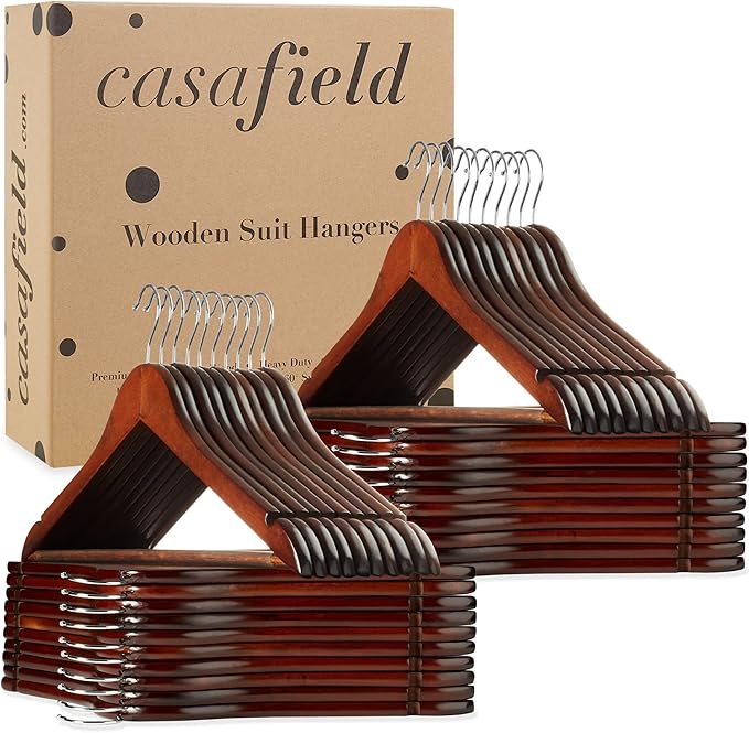 Casafield - 40 Walnut Wooden Suit Hangers - Premium Lotus Wood with Notches & Chrome Swivel Hook for Dress Clothes, Coats, Jackets, Pants, Shirts, Skirts