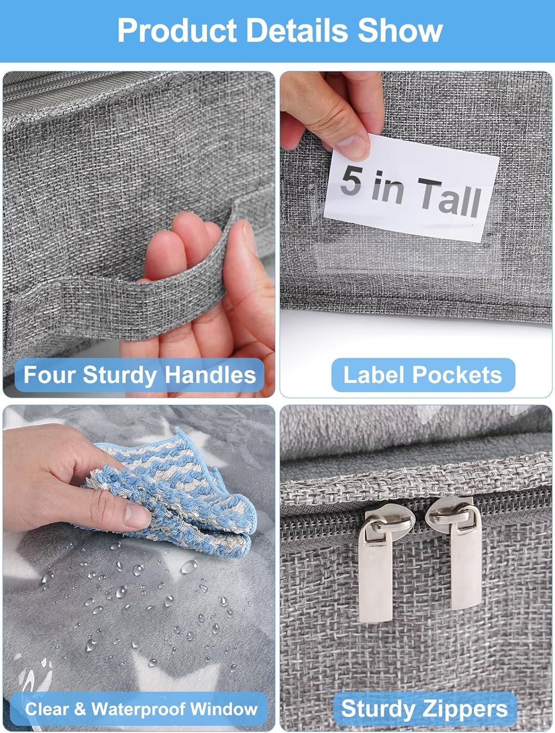 punemi 5 Inches High Low Profile Under Bed Storage Containers，No-Structure,Soft Fabric Zippered Underbed Storage bins for Clothes and Blankets— Fits Under Crib, Couch or Dorm bed,2-Pack,Grey