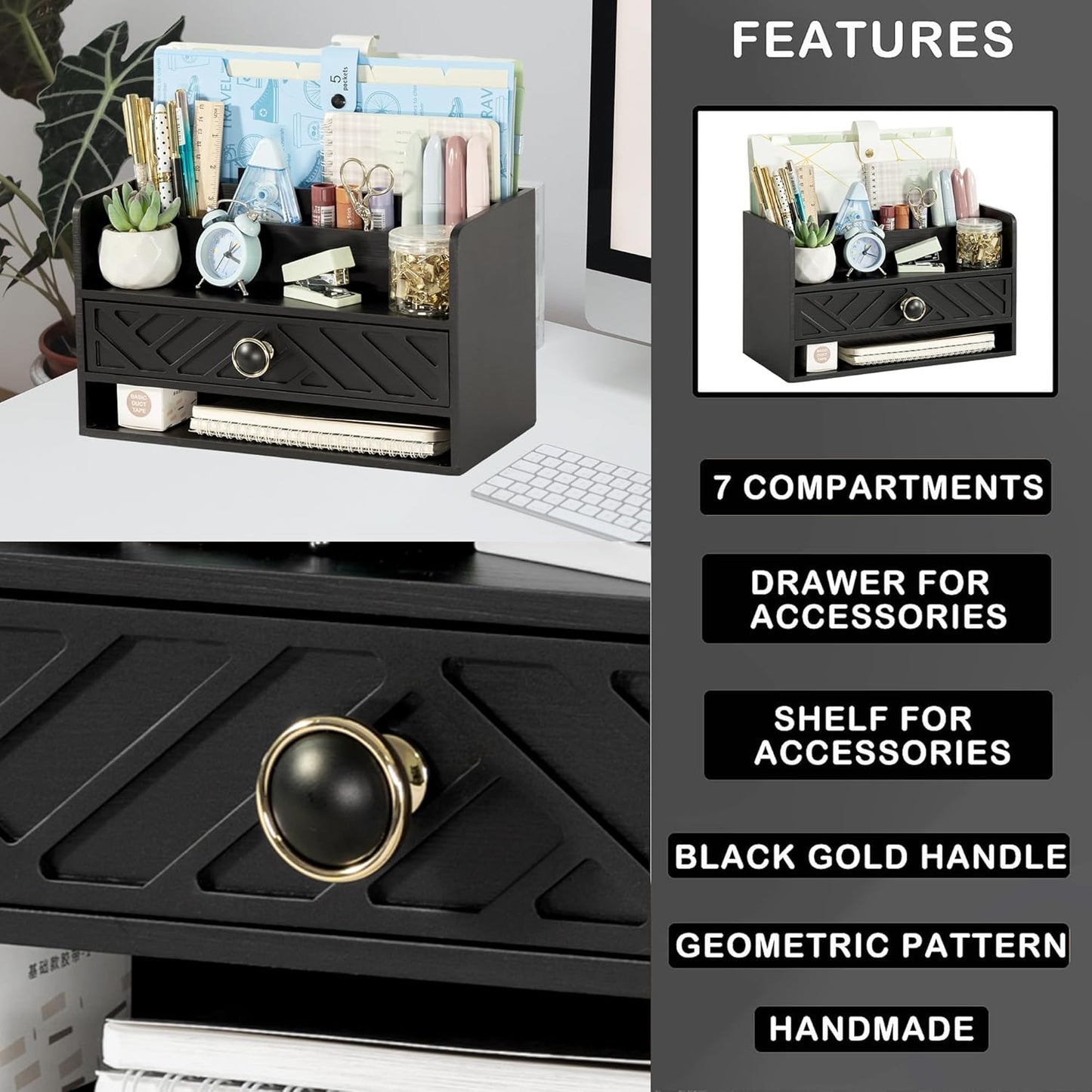 Black Wood Desk Organizer and Accessories with Drawer, Bill Mail Organizer and File Mail Holder for Office Supplies, Desk Accessories & Workspace Organizers for Desk Organization